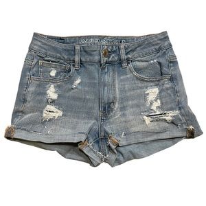 American Eagle Distressed Hi Rise Shortie Jean Shorts.  Size 6